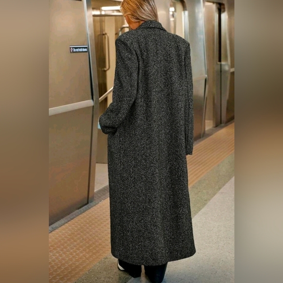 New Chic Oversized Herringbone Tweed Long Maxi Jacket Coat Black White - Picture 5 of 9